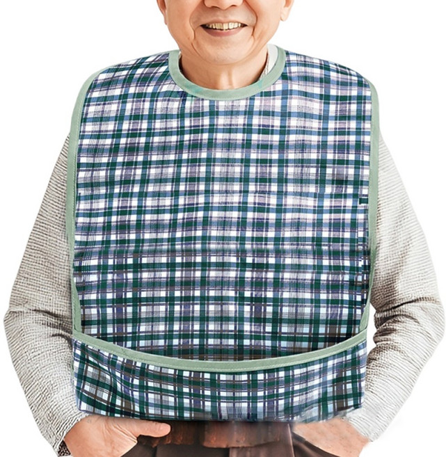 SHY ING 成人防水圍兜 立體可拆卸設計, 1個, 成人簡易飯兜美,綠格長款, 綠色, 1個裝