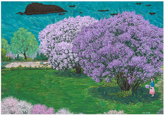 [인메이블] 이현열 작가그림 봄 벚꽃 바다 자연 풍경 꽃 치유 힐링 유화 대형 거실 캔버스 인테리어 액자, 01.라일락 풍경, 캔버스액자, 대형 30호[90.9x65.1cm], 캔버스액자