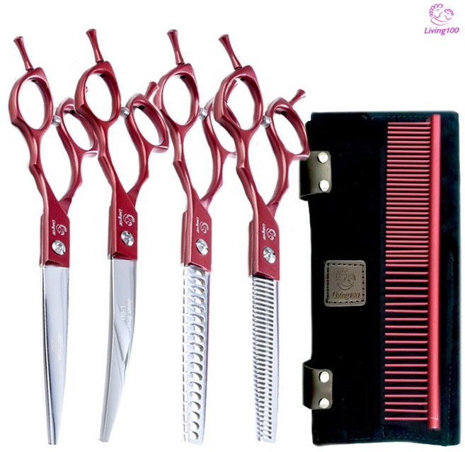 Living100 Japan고급스틸 반려동물 미용가위 4종세트(컷팅.숱.요술.커브가위)고급세모파우치 L-041, 1개, 1세트