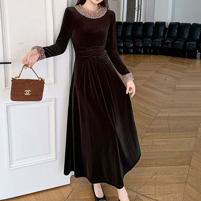 루씨앤 코아테 라운드넥 긴팔 슬림 데일리룩 럭셔리 결혼식 벨벳 여성 롱 원피스 368