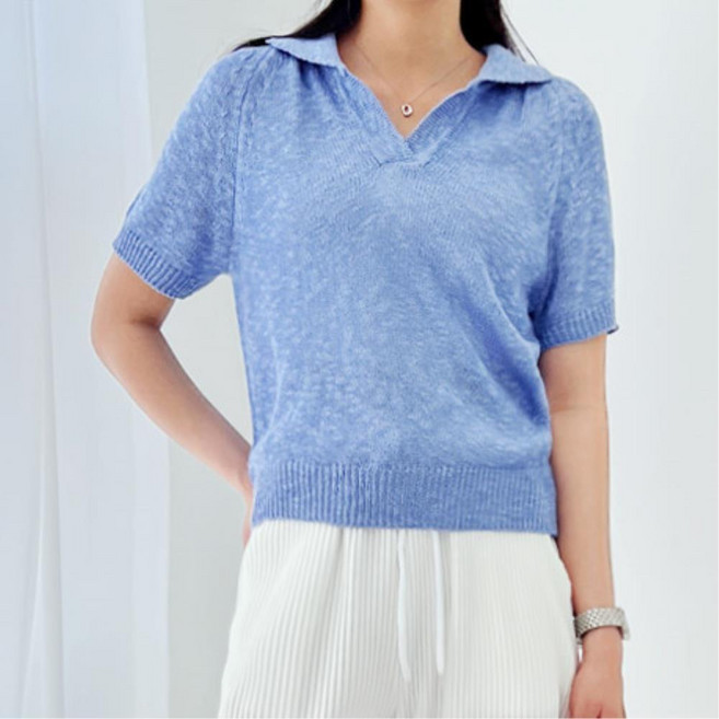 시원한 여름 여성 브이넥 오픈 카라 반팔 니트 반팔티 여자