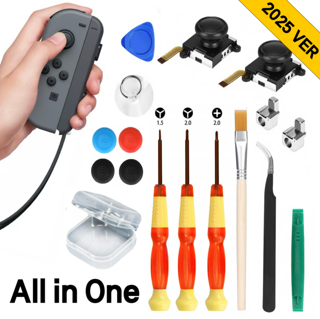 아이온 닌텐도 조이콘 수리 키트 부품 스위치 올인원 DIY 셀프 아날로그 라이트 스틱 커버 교체용 Y자 드라이버, 1세트, 16종패키지, 닌텐도 수리키트