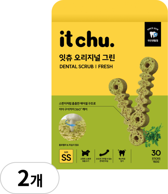 잇츄 오리지널 강아지 치석제거 덴탈껌 SS, 2개, 150g, 그린 SS