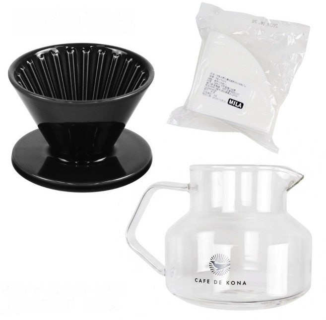 CAFEDE KONA 時光陶瓷濾杯套組 (附濾紙與咖啡壺), 經典黑, 1個