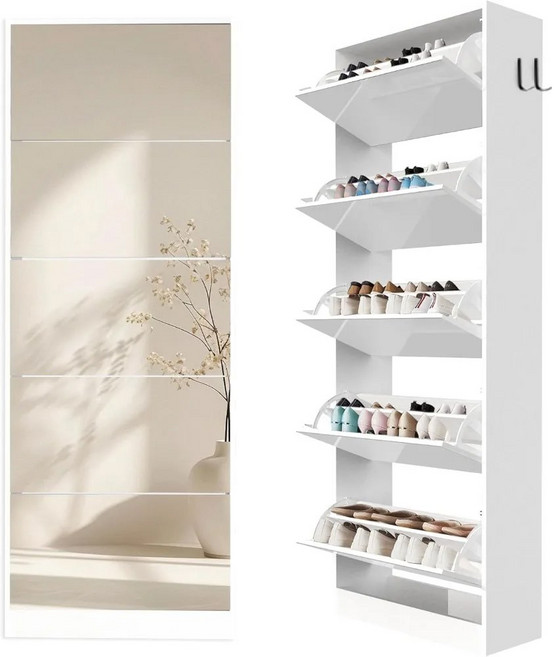 폭발 방지 유리가 있는 거울 신발장 - 5단 공간 절약형 현관 수납 정리함 플립 도어가 슬림, Tall