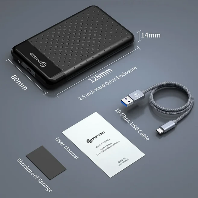 PHIXERO 2.5인치 SATA HDD 외장 케이스 SSD 하드 드라이브 USB 3.0 Type-C 6Gbps 7mm 디스크 스지 박스 PC, 01 Type-C