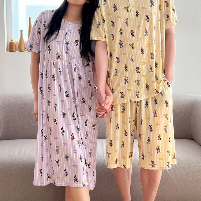 ECLL 커플 반팔 잠옷 부들 홈웨어 상하 세트