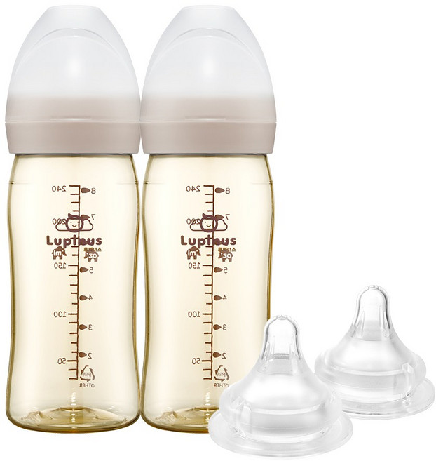 루피너스 PPSU 젖병 240ml 트윈팩(오트베이지/2개입)+젖꼭지(2개입), 오트베이지/4단계(L), 1세트