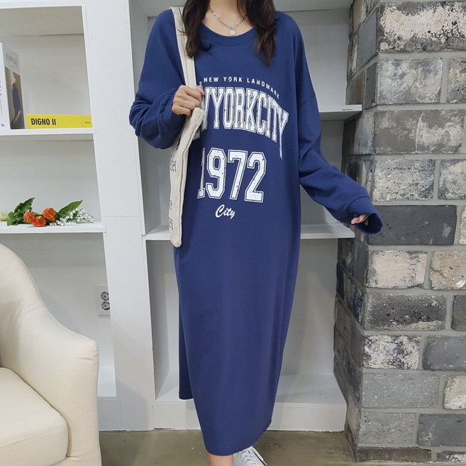 상상그이상 여성용 국내제작 빅사이즈 빈티지 레터링 롱원피스 임산부추천 가을 겨울 원피스 심플한 맨투맨 티셔츠 88 99사이즈 꾸안꾸룩