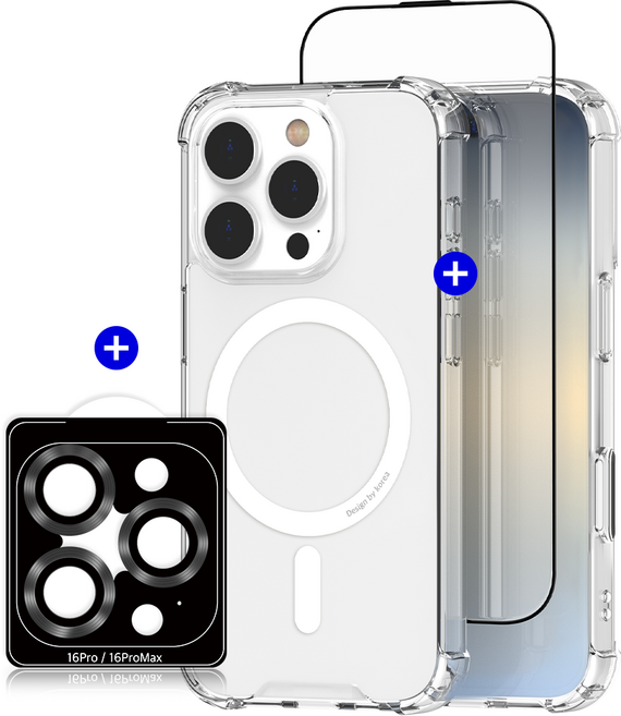 디자인스킨 아이폰 16 프로 맥스 피닉스 초강력 맥세이프-올클리어 + 디자인스킨 2.5D풀커버 강화유리-블랙 + 디자인스킨 프리미엄 렌즈 프로텍터-블랙
