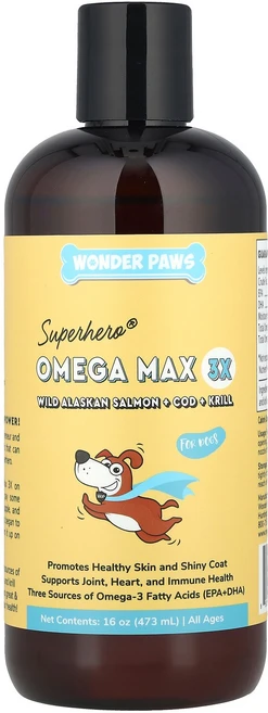 Wonder Paws Superhero® Omega Max 3X 피쉬 오일 자연산 알래스카 연어 + 대구 크릴 반려견용 모든 연령 473ml(16oz) Paws ( - 쿠팡