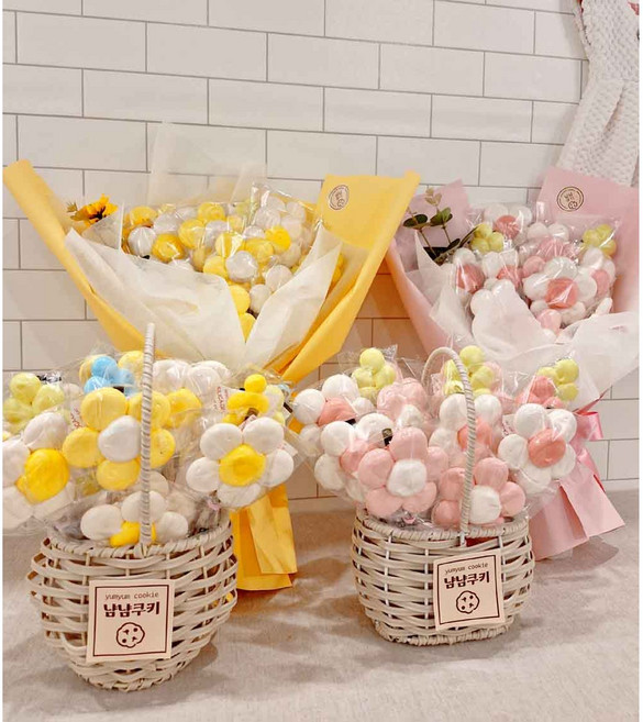 [냠냠쿠키] 머랭쿠키꽃바구니 노랑 / 기념일 생일 졸업식 입학식 행사 선물, 500g, 1세트