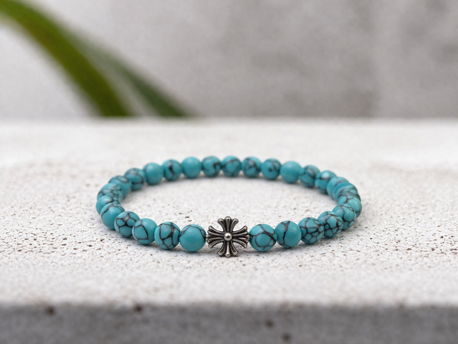 크롬 스타일 터키석 십자가 1포인트 6mm 원석 순은 12월 탄생석 팔찌