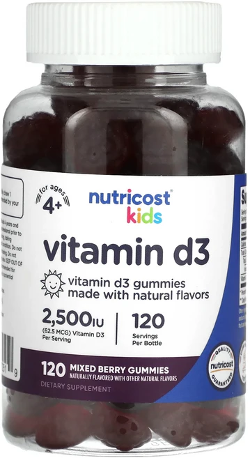 Nutricost 어린이용 비타민D3 만 4세 이상 믹스 베리 62.5mcg(2500IU) 구미젤리 120개, Nutricost어린이용비타민D3만4세이상믹스베리625 - 쿠팡