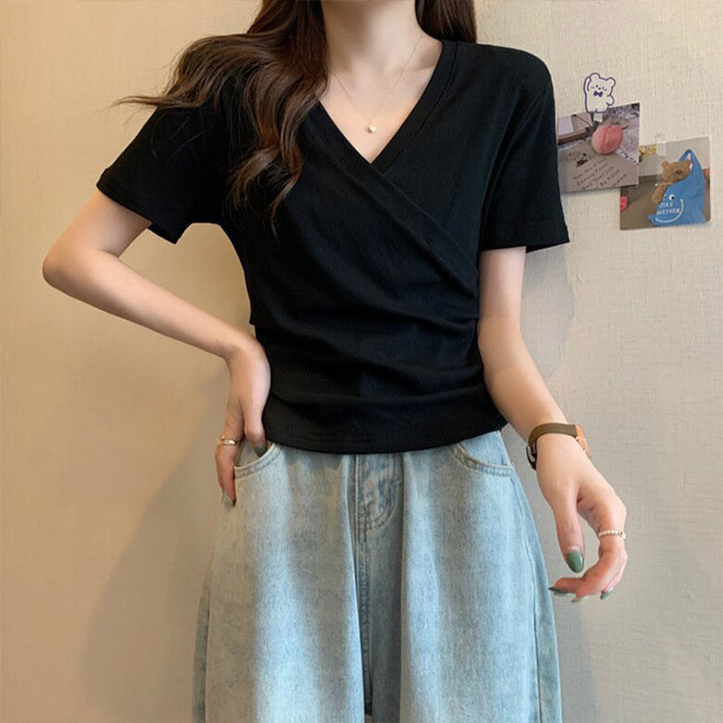 후쿠호 여성용 슬림 랩 반팔 티셔츠 2장