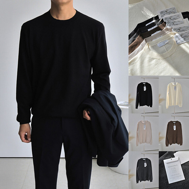 맨즈북 봄 울블렌드 남자 정장 니트 얇은 라운드 긴팔 워셔블