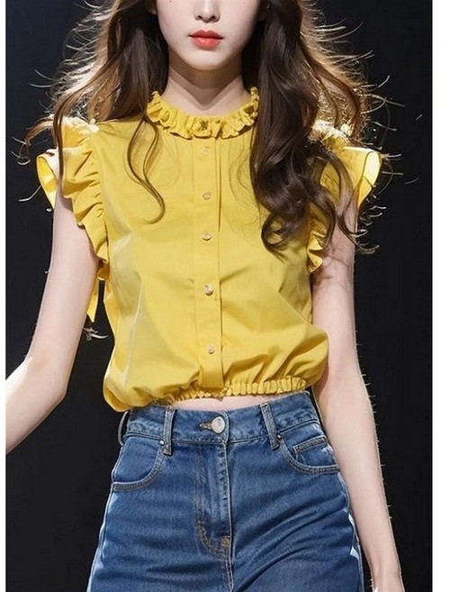 Sealang 여성 여름 귀여운 민소매 블라우스 티셔츠 프릴 레이스 날개소매 블라우스 cong1209K10
