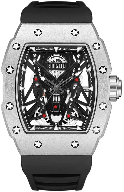 스포티 캐주얼 남성용 시계 스테인리스 스틸 톤노 케이스 홀로우 아웃 다이얼 발광 기능 패션 실리콘 스트, 05 Silvery