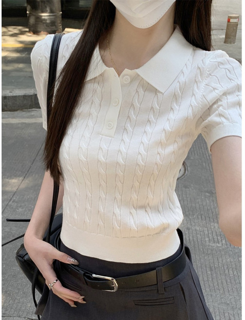 사수자리네 슬림핏 데일리 골지 카라 반팔 니트