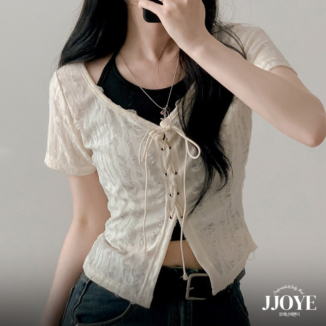 쪼예 레이어드 빈티지 데미지 코르셋 반팔 가디건 홀터넥 나시 세트