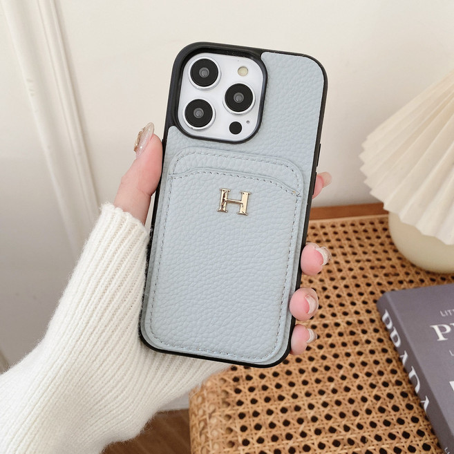 適用於 Apple iPhone 17 Pro Max 荔枝紋卡包插卡手機殼, 1個, 荔枝紋全包卡包插卡H灰藍色