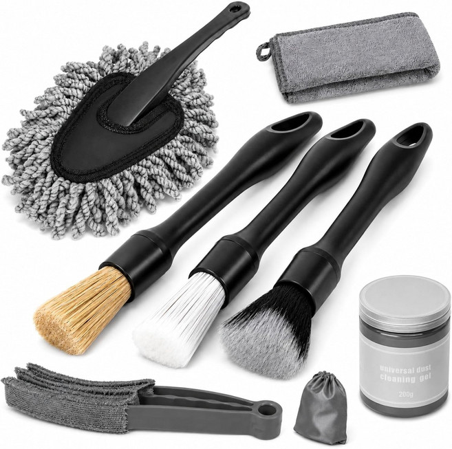 Viewmax 8PCS 남성용 자동차 인테리어 디테일링 키트 - 200g 클리닝 젤70g 대비 185% 초과 초소프트 브러시 세트 대시보드 더스터 에어벤트 마이크로화이버 타월