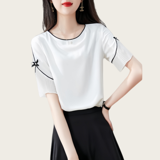 Makone 여성 라운드넥 반소매 티셔츠 리본포인트 플리츠 트랜드 심플 루즈핏 반팔 블라우스