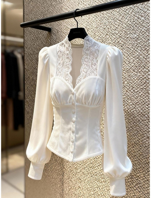 Seofst 여성 겨울 벨벳 레이스 배색 슬림핏 블라우스