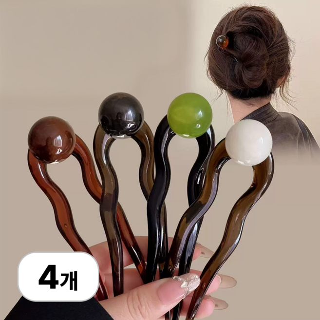 로멀리 U자 진주 헤어 비녀핀, 4개, 혼합색상