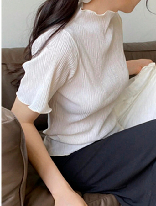 WEILI 女式純色紋理高領短袖修身襯衫 - 春夏新款