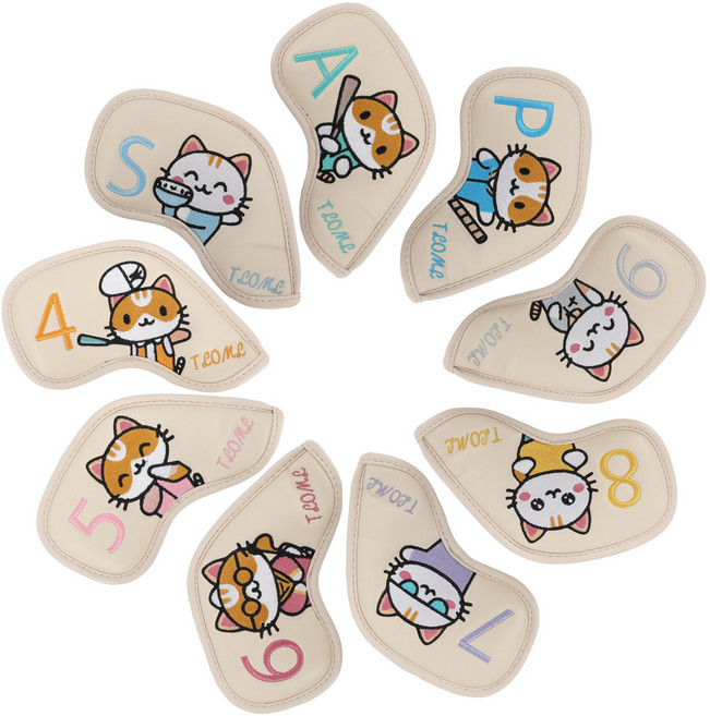 TLOML 골프 아이언헤드 커버 골프채 아이언커버 헤드커버 벨크로 타입 단면 귀여운 고양이 캐릭터 9종 세트, 1세트, 아이보리