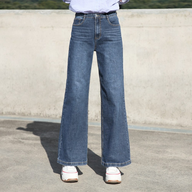 동대문스타일 여성 와이드핏 스판 워싱 데님 통청바지 여자 봄가을용 데님