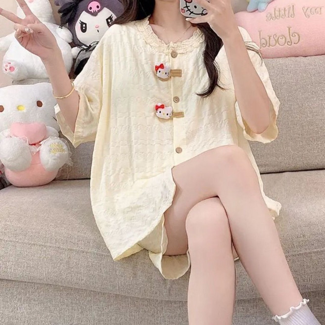 夏季睡衣女短袖短褲套裝 簡約甜美風開襟衫家居服 帶胸墊