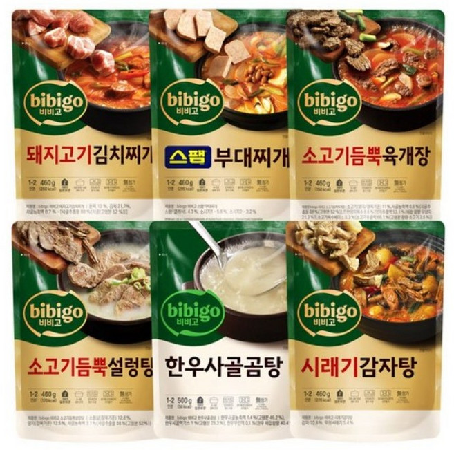 비비고 프리미엄 즉석국탕 6종 B세트 (한우사골500g 진국설렁탕500g 차돌육개장500g 돼지고기김치찌개460g 스팸부대찌개460g 시래기감자탕460g), 1개