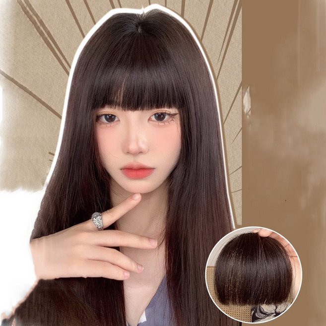 1+1 애교 일자 소프트 뱅 앞머리 가발 부분 헤어피스 웨이브 풀뱅, 1개, 다크브라운+라이트브라운