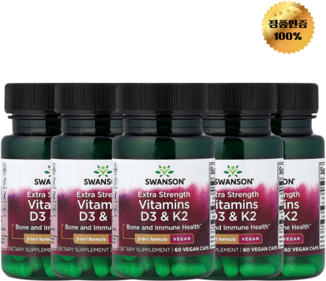 3+2 스완슨 비타민D3 비타민K2 엑스트라 강도 베지 캡슐 60정, 5개