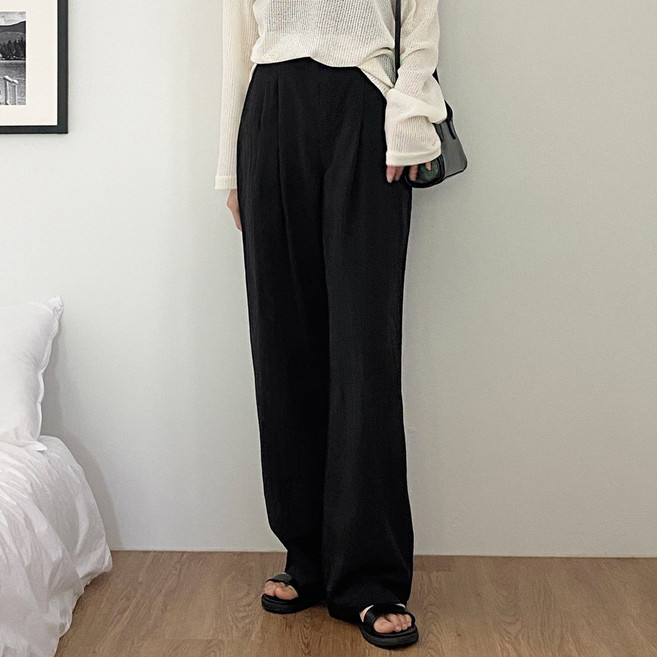 잇진 여성 여름 린넨 인견 투핀턱 버클 와이드 슬랙스