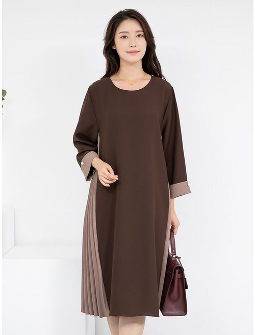 모슬린 엄마옷 라운드 배색플리츠 원피스 MQG126107 마담 미시 중년여성 빅사이즈 할머니옷 50대 60대 70대