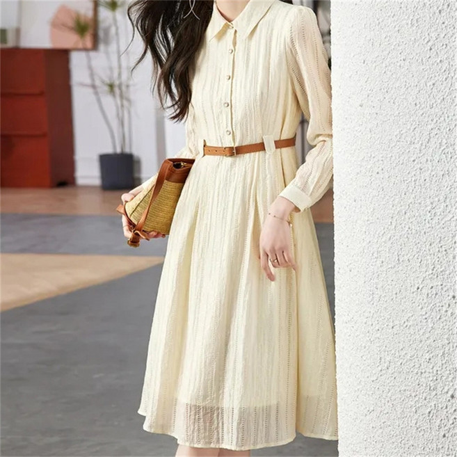 AOKADA 여성 봄 가을 슬림핏 플리츠 오피스룩 하객룩 데일리 A라인 셔츠 원피스