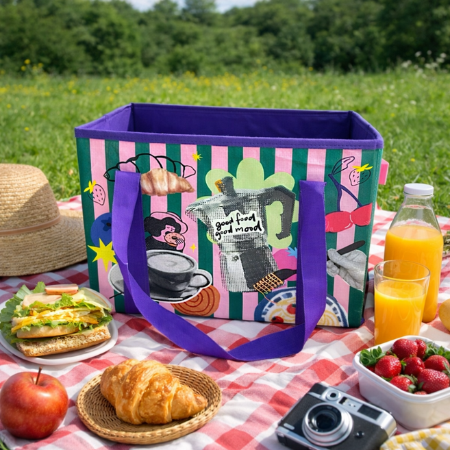 파티모스피어 레트로 키친 접이식바구니 피크닉 사각장바구니, 핑크그린, 1개