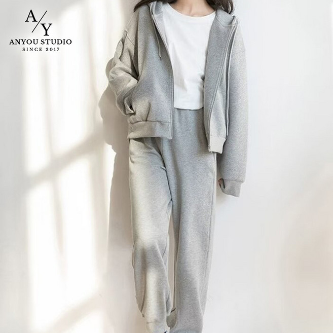 ANYOU 여성용 그레이 후드 세트 편안한 캐주얼 스타일의 트레이닝복 일상과 운동에 적합한 세트
