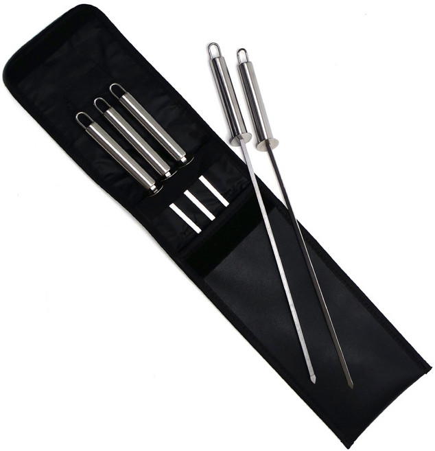 바베큐꼬치 1열 스텐꼬치 5P+가죽가방 세트 캠핑꼬치 꼬치 화로대 참숯 꼬치구이세트 캠핑용품, 색상:바베큐꼬치 1열 스텐꼬치 5P+가죽가방 세트