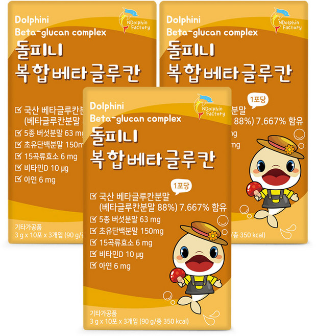 돌피니 복합베타글루칸 30포 1개월분 5종버섯분말 초유단백분말 15곡류효소 비타민D 아연 면역, 3박스, 90g