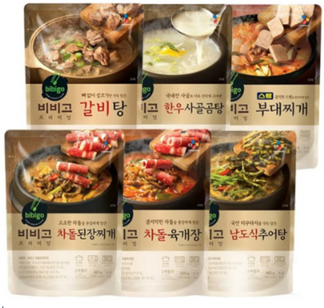 비비고 프리미엄 즉석국 즉석탕 6종(갈비탕400g + 차돌된장찌개460g + 차돌육개장500g + 추어탕460g + 스팸부대찌개460g + 한우사골곰탕500g), 1세트, 500g
