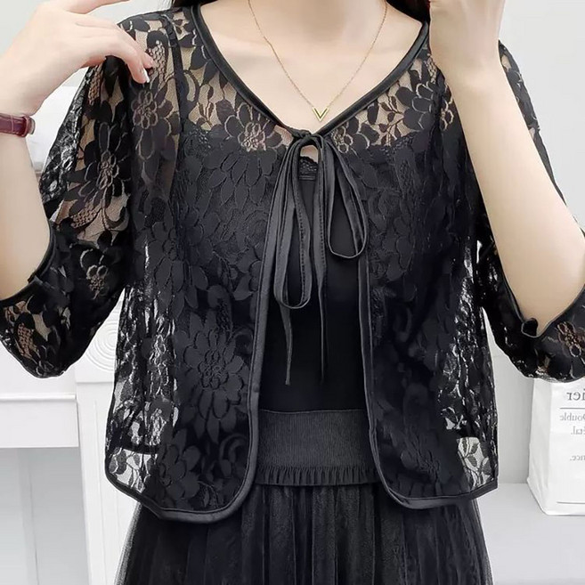 ROYALBELLE 여성 고급의 레이스 펀칭 시스루 스트링 얇은 자외선 차단 가디건 Z0071205