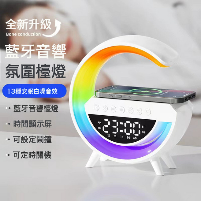 蓝牙音响创意小夜灯炫彩带闹钟智能桌面多功能无线充音箱, 無線充電+藍牙音箱, 白色BT-3401