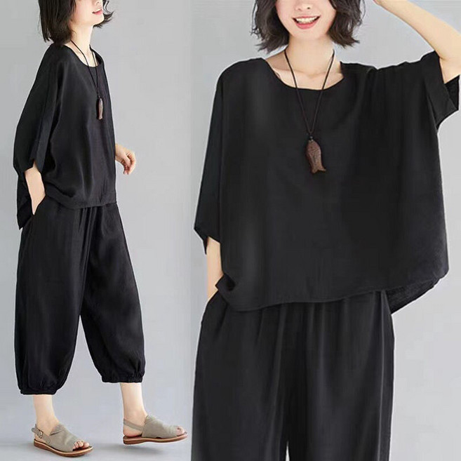 100kg까지 빅사이즈 중년 여성 여름 캐주얼 상하 투피스 패션 캐주얼 반팔 라운드 티 셔츠 상의 + 9부 와이드 팬츠 상하의 세트 루즈핏 기질 순색 엄마 세트 4050대