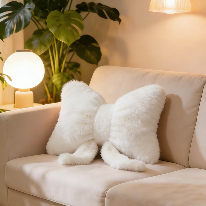 스타업 귀여운 허리 쿠션 리본 쇼파 의자 장식 방석 인형 쿠션, 화이트