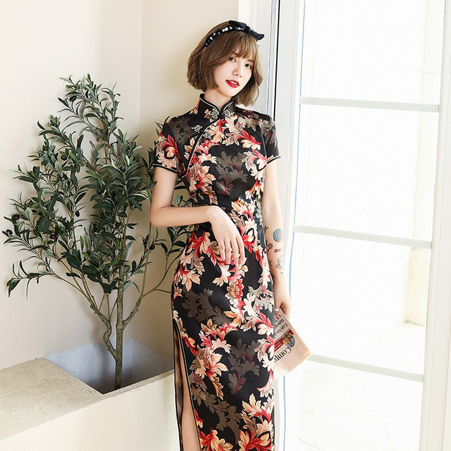 水水女人國 復古絲綢印花長旗袍 優雅修身洋裝 日常宴會穿搭, 黑色