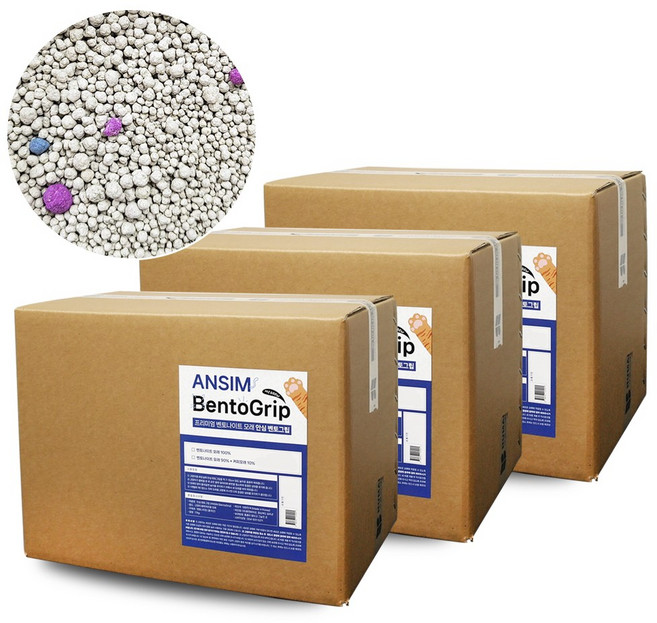 안심벤토그립 3박스 54kg세트 대용량 다묘가정 벤토나이트 고양이모래 고양이화장실모래 가는입자, 18kg, 3개, 무향